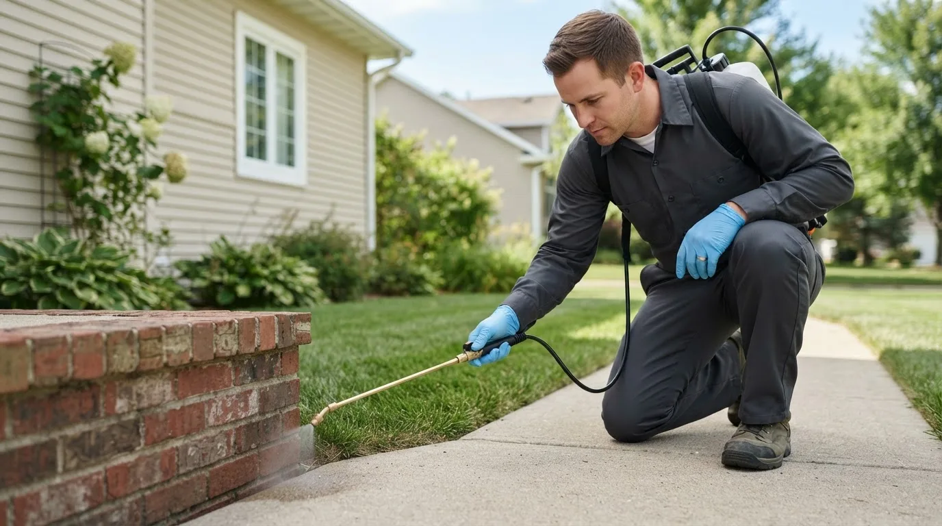Pest control technician treating a home near Hutchinson, PA